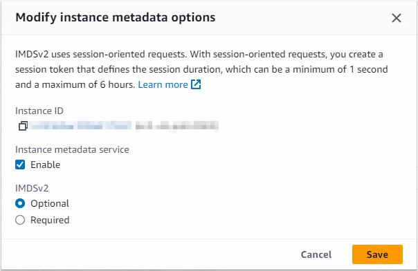 A screenshot of the IMDS setting in the AWS console